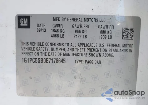 2014 Chevrolet Cruze 1Lt Auto из США, поврежденный, VIN 1G1PC5SB0E7178645